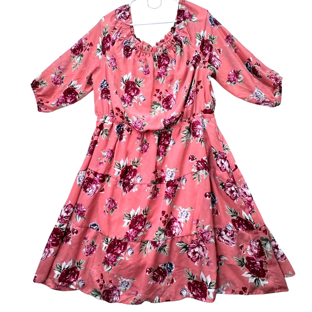 Lane Bryant Floral Tiered Dress Womens 16 Pink Ruffle Neck 3/4 Sleeve Boho